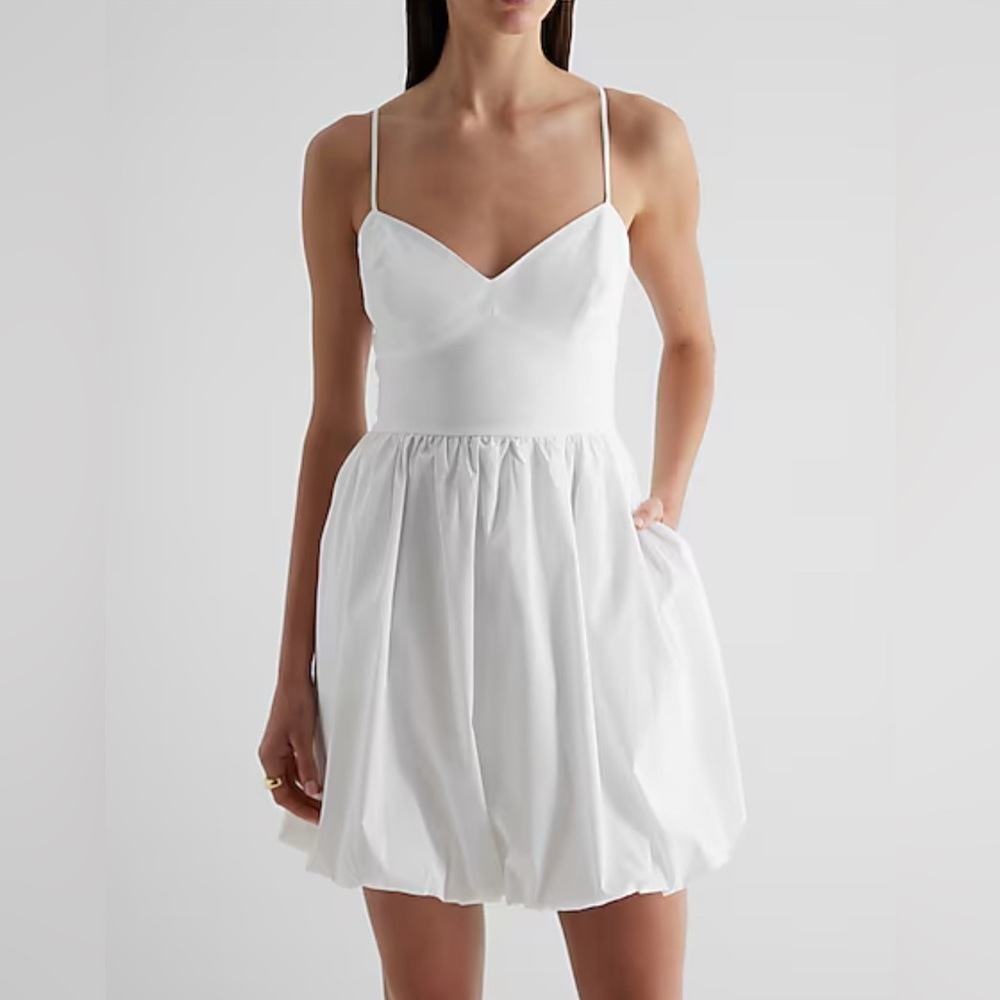 Express Poplin Mini Bubble White Spaghetti Strap V-Neck Dress